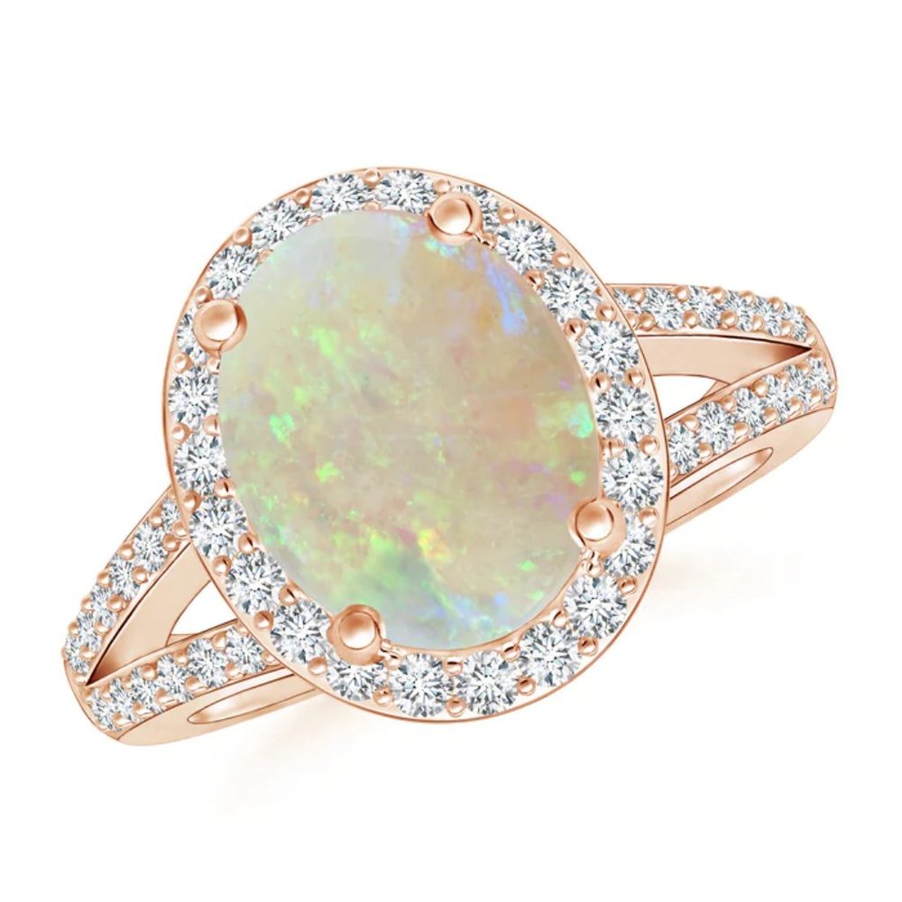 Oval Opal Split Shank Halo Diamond Ring